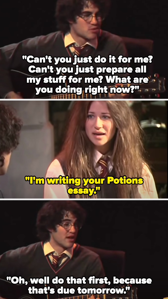 Harry asks Hermione to prep for him, asking what she&#x27;s doing now — she answers that she&#x27;s doing his potions homework, and he says to do that first since it&#x27;s due tomorrow