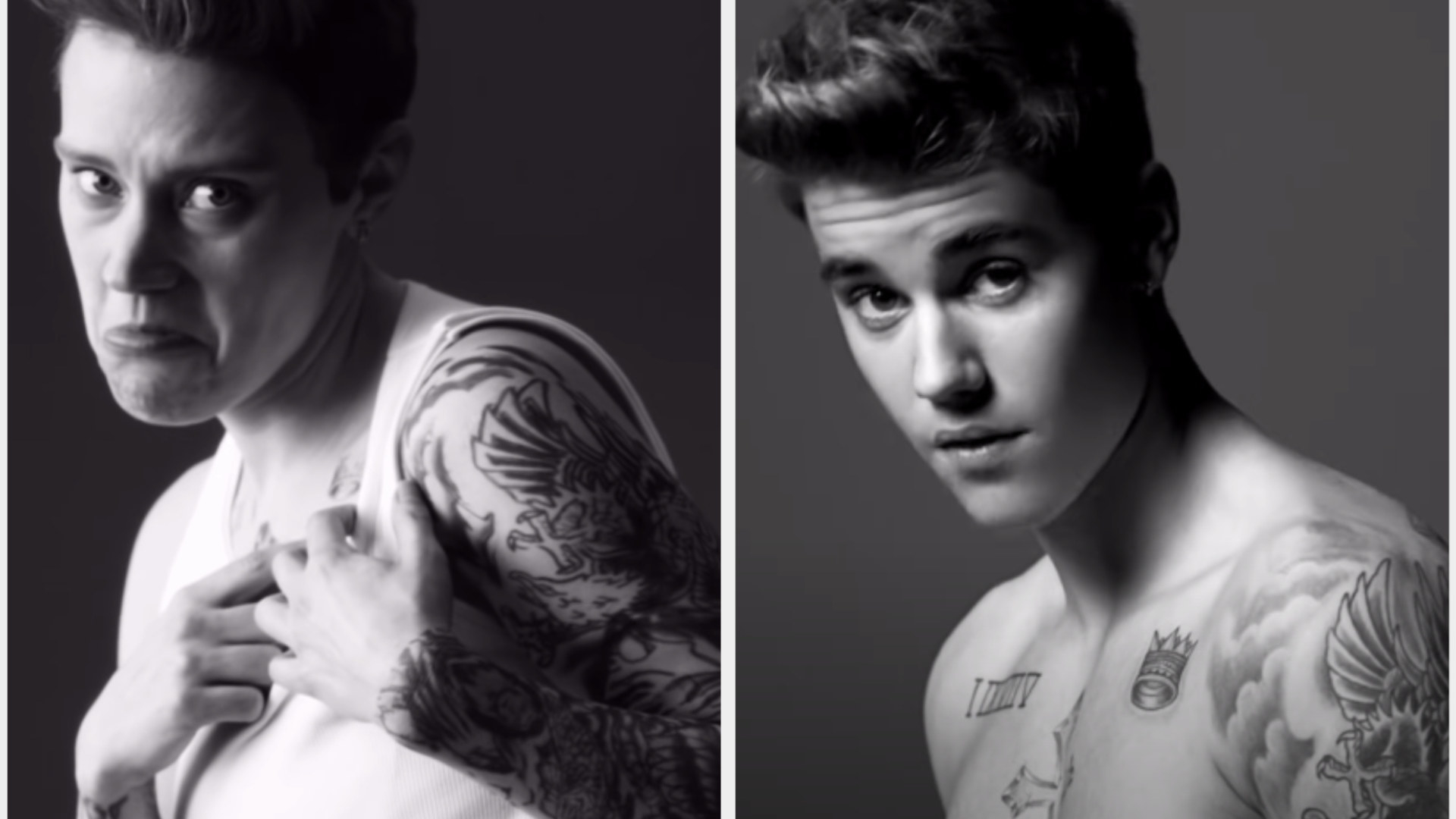 Justin Bieber in his black and white Calvin Klein ad side by side with Kate McKinnon in the same position