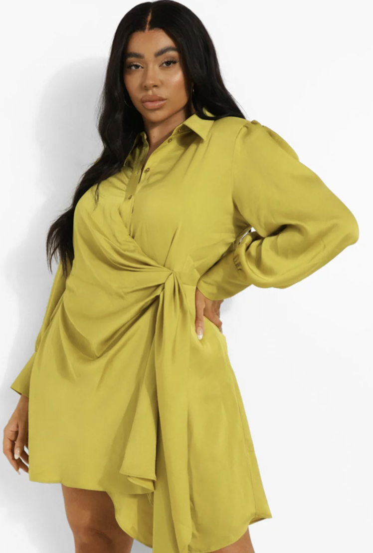 model wearing draped satin dress in chartreuse