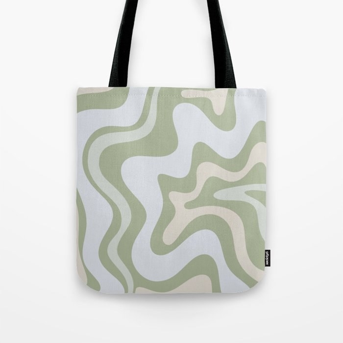 tote bag in green, blue, and beige wavy pattern
