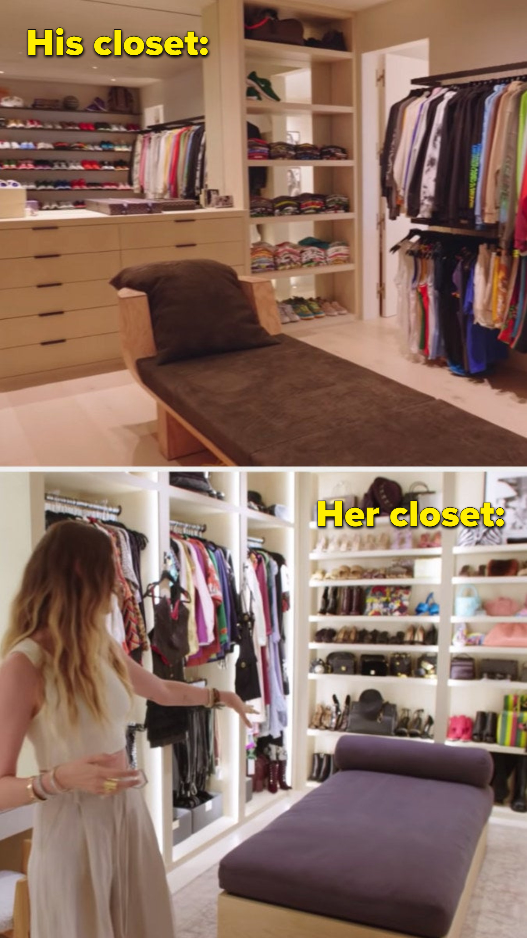 Adam and Behati&#x27;s walk-in closets, complete with center islands for accessories, chaise beds, and racks upon racks of shoes and clothings