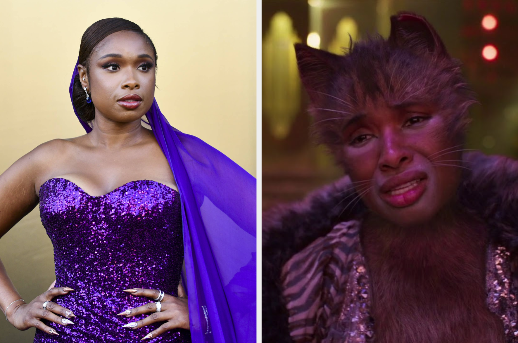 Photo of Jennifer Hudson from the waist up in a sparkly purple strapless gown and a purple cape next to a still of her in CATS