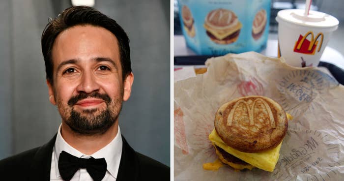 Lin-Manuel Miranda side by side with a breakfast sandwich and soda from McDonald's
