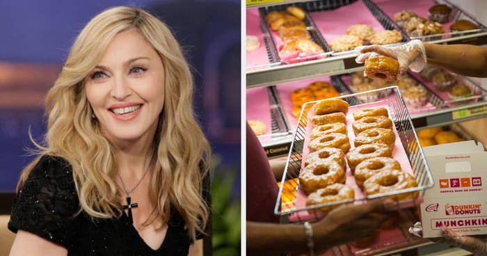 Madonna side by side with a donut tray from Dunkin'