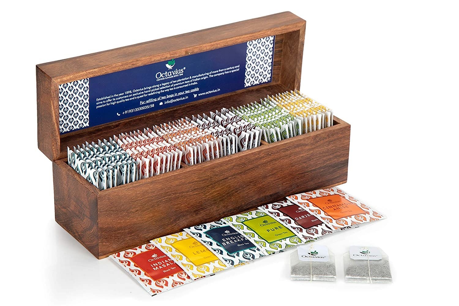 A wooden chest with different tea flavours