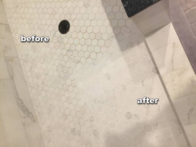 reviewer's bathroom tiles showing white grout next to unpainted, brown grout