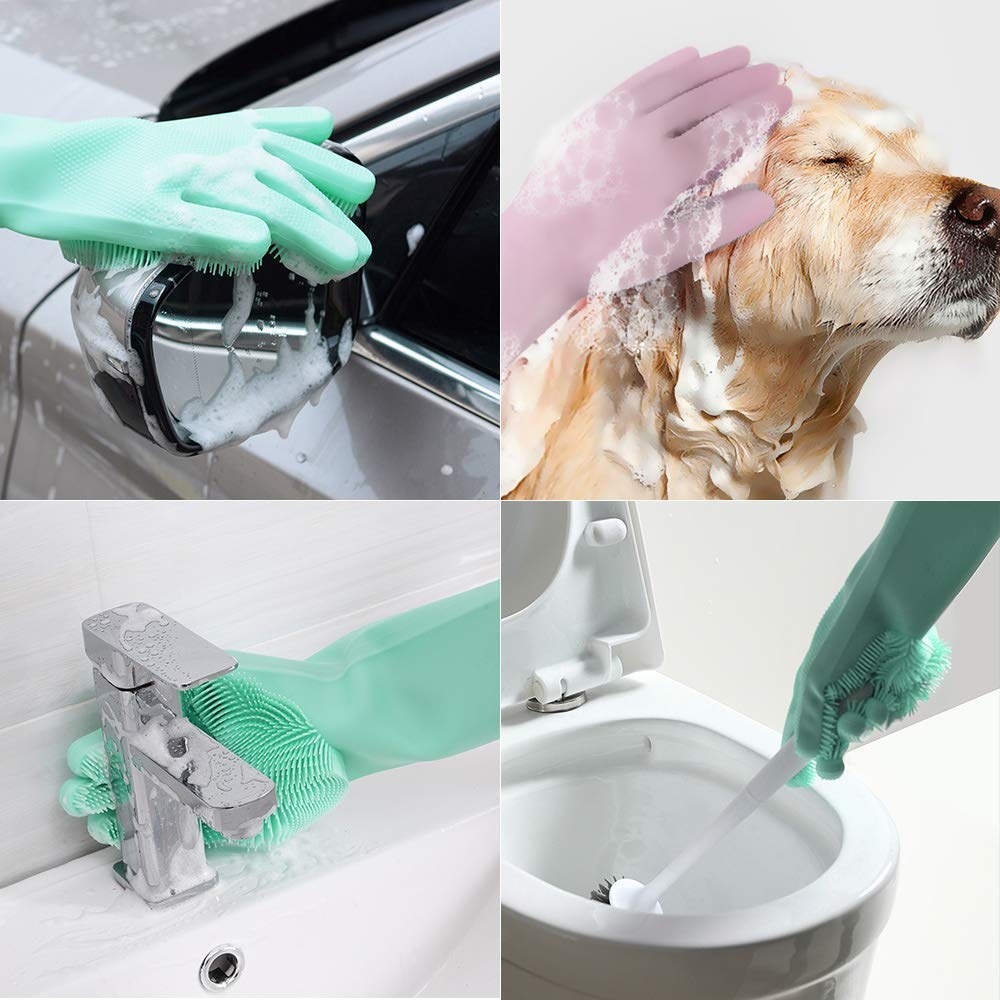 A collage of various uses of the gloves - washing a car, cleaning a tap, bathing a dog, and cleaning a toilet