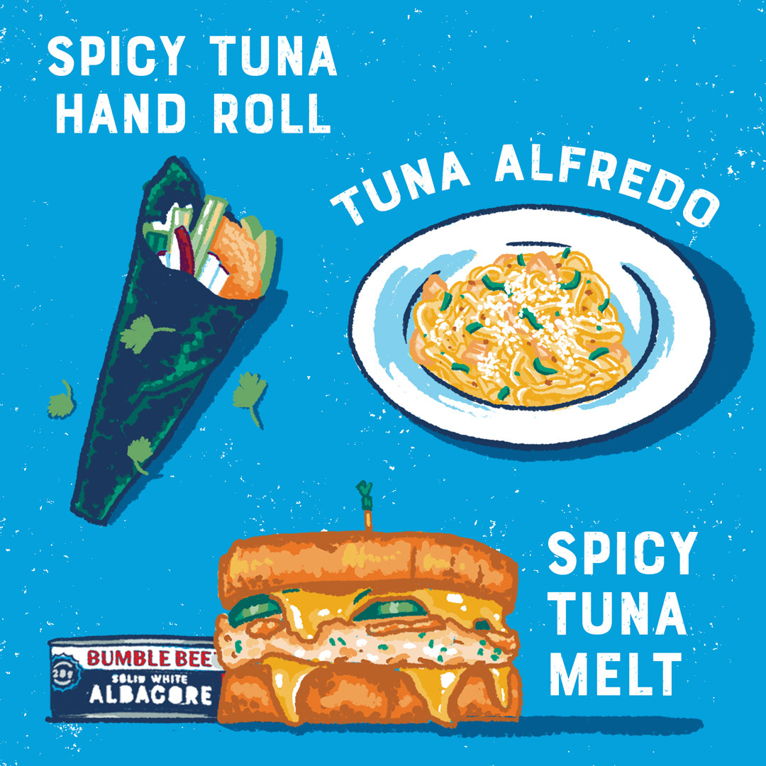 Illustration of a spicy tuna hand roll and a bowl of tuna alfredo and a spicy tuna melt