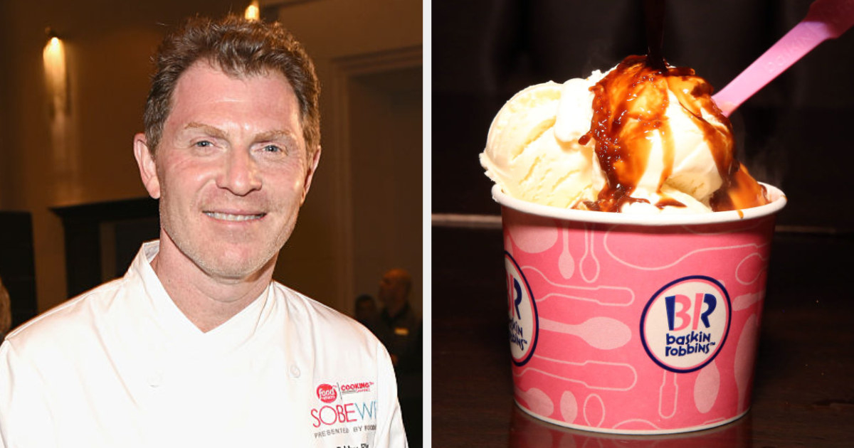 Bobby Flay in a chef coat side by side with a Baskin-Robbins sundae