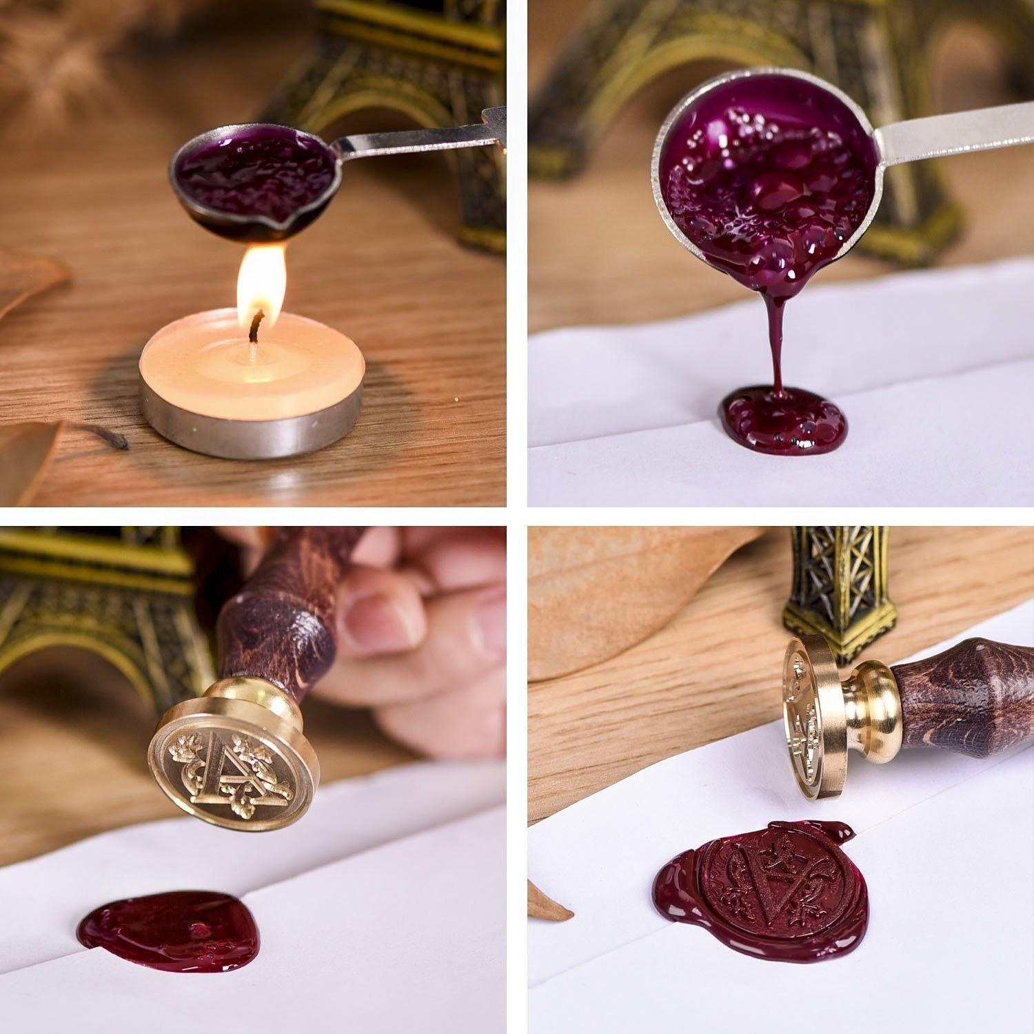 Four images of wax being melted and stamped on an envelope