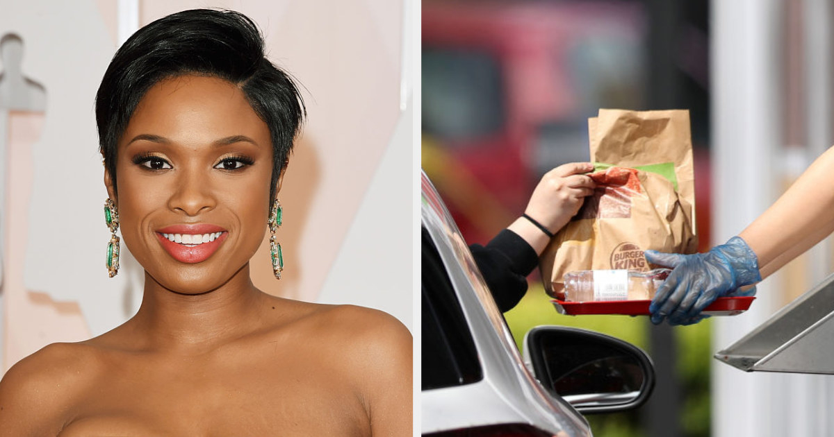 Jennifer Hudson side by side with a Burger King employee handing food out the drive-thru window