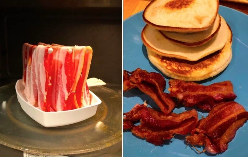 on the left, raw bacon on the cooker in the microwave, and on the right, the same bacon now perfectly cooked on a plate with pancakes