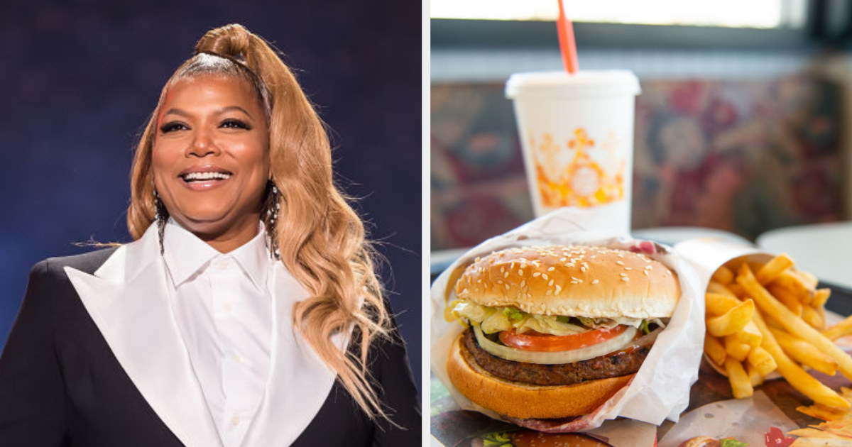 Queen Latifah side by side with a burger, fries, and drink from Burger King