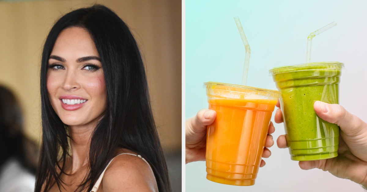 Megan Fox side by side with two smoothies in plastic cups