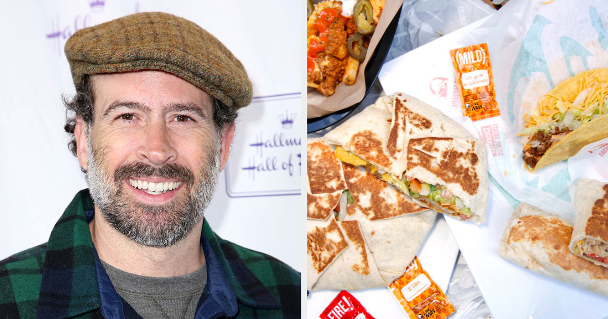 Jason Lee side by side with a Taco Bell meal consisting of burritos, tacos, and a crunch wrap supreme