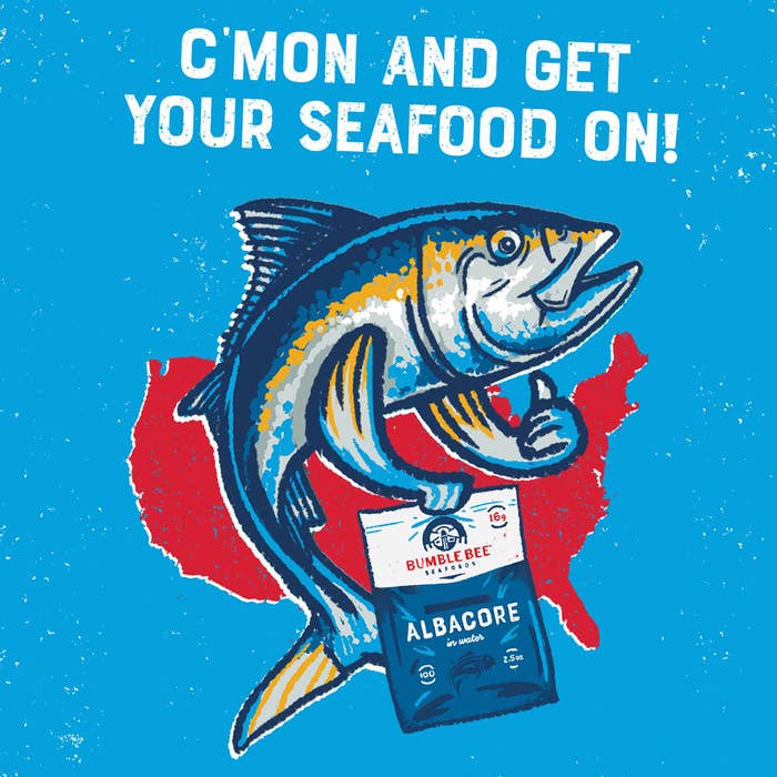 Illustration of tuna fish holding packet of Bumble Bee albacore tuna pouch