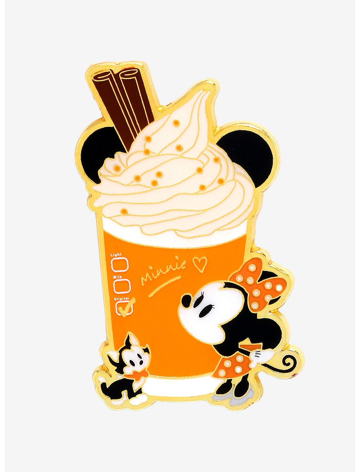 a pin of minnie mouse and a pumpkin spice latte