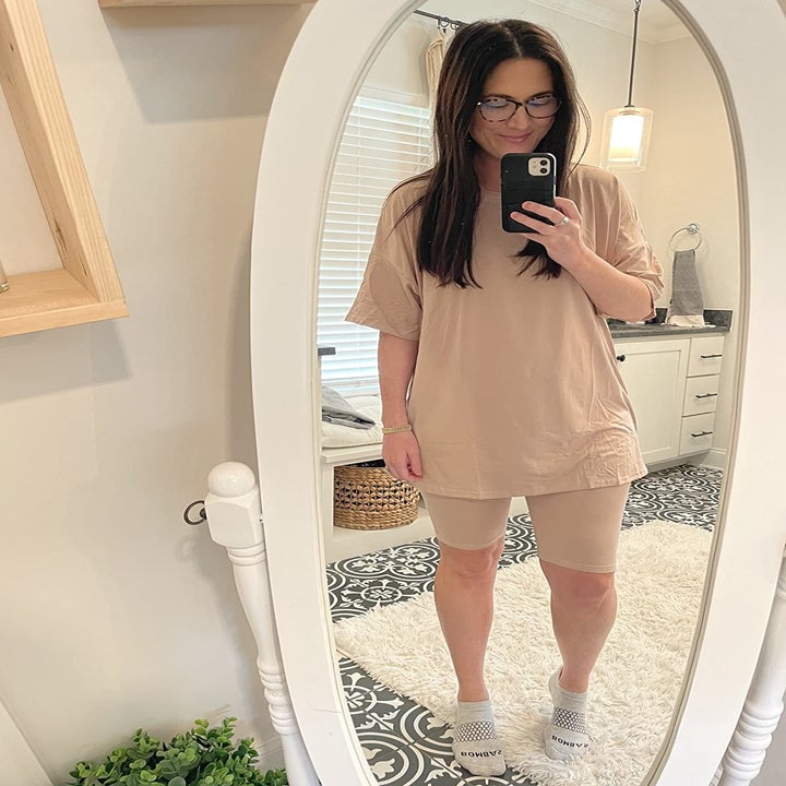 front view of a different reviewer wearing the set in tan