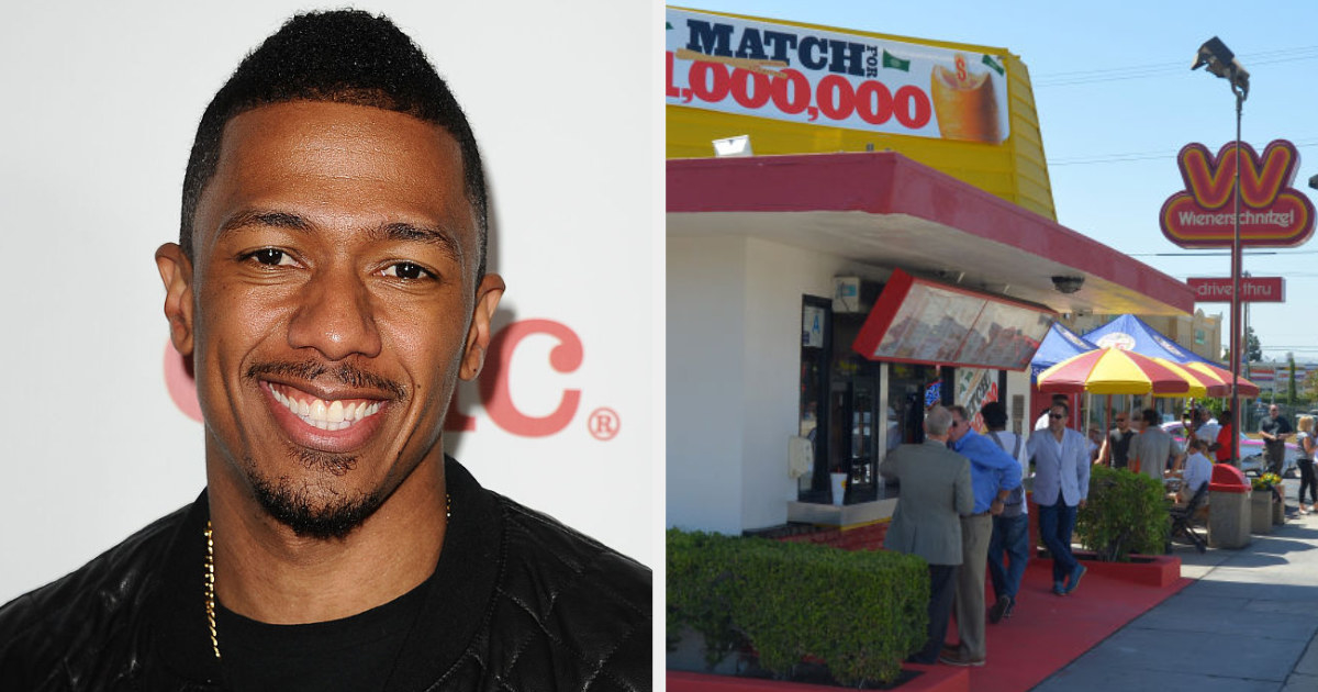 Nick Cannon side by side with the take-out window at Wienerschnitzel