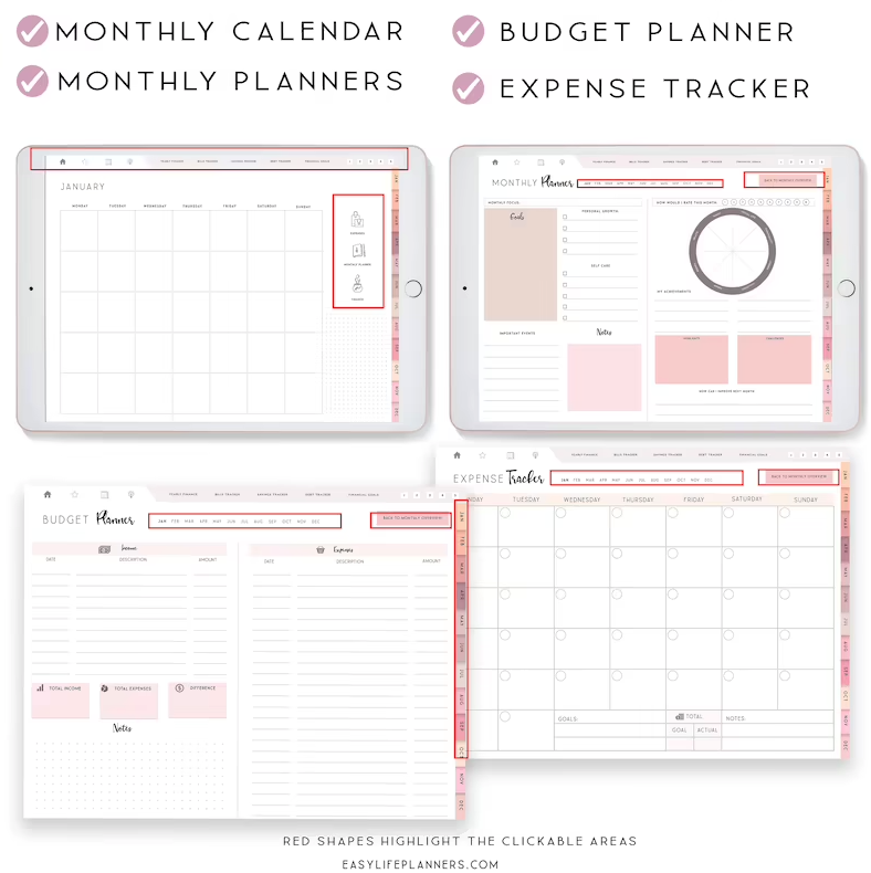 digital budget planning pages in pink and white, which include an expense tracker, monthly planner, budget planner, and monthly calendar view
