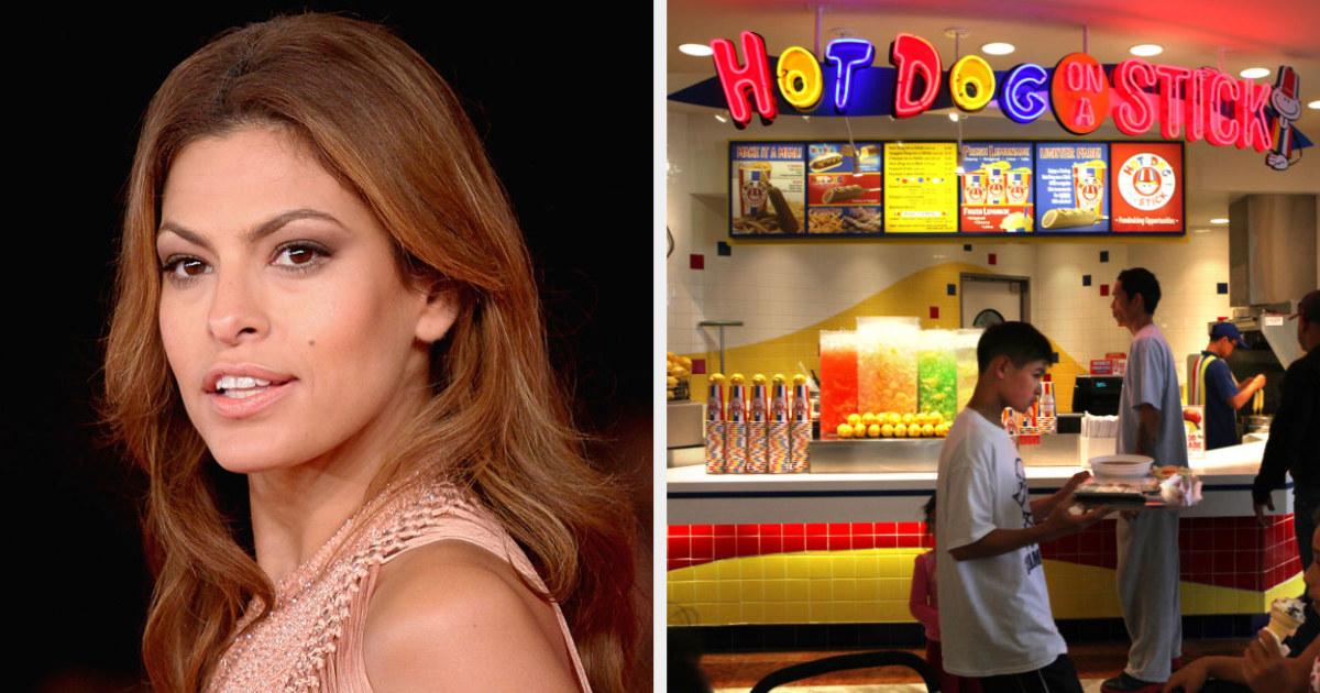 Eva Mendes side by side with the Hot Dog on a Stick food court store front