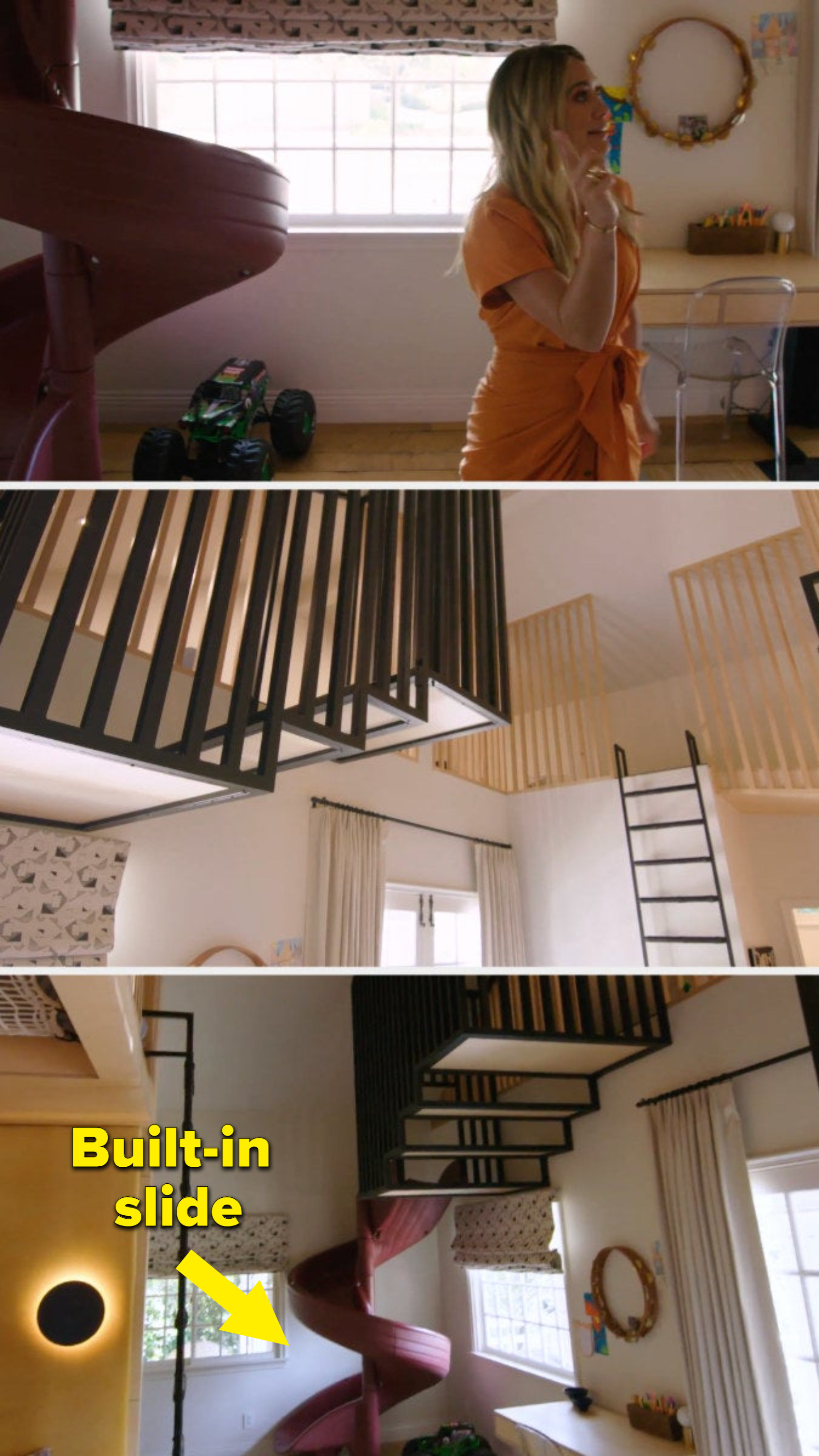 The bedroom, with a built in slide, play net, and ladder to a bunch of different loft spaces