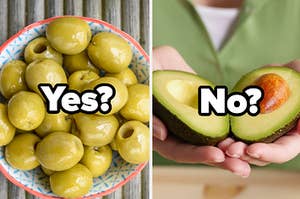 A small bowl of green olives and a pair of hands holds an avocado that's been cut in half