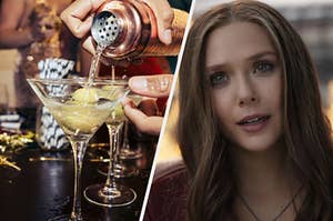 A hand uses a pourer to fill a martini glass and a close up of Wanda Maximoff with her head tilted to the side