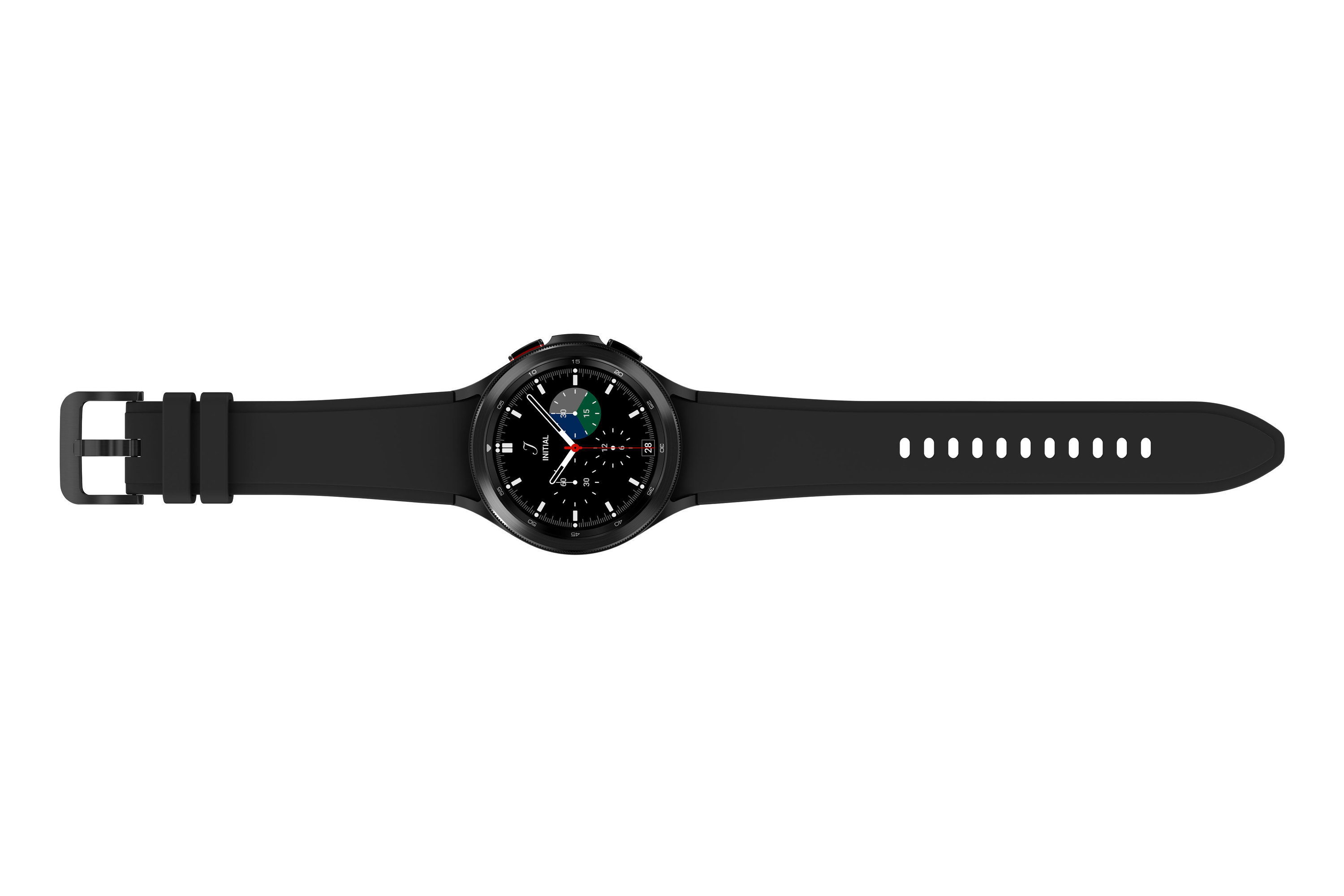 Product image of black Galaxy Watch4 Classic laid out horizontally