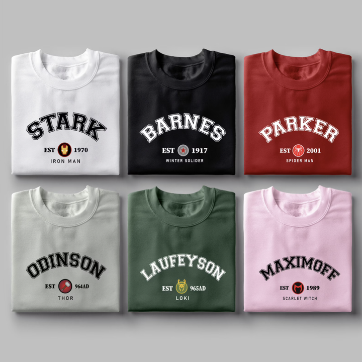 Sweatshirts with different Marvel characters' last names and "EST" with the year on them 