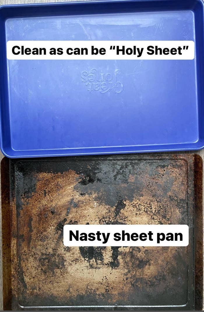 top: blue great jones pan that says clean as can be below: really dirty metal pan that says nasty sheet pan