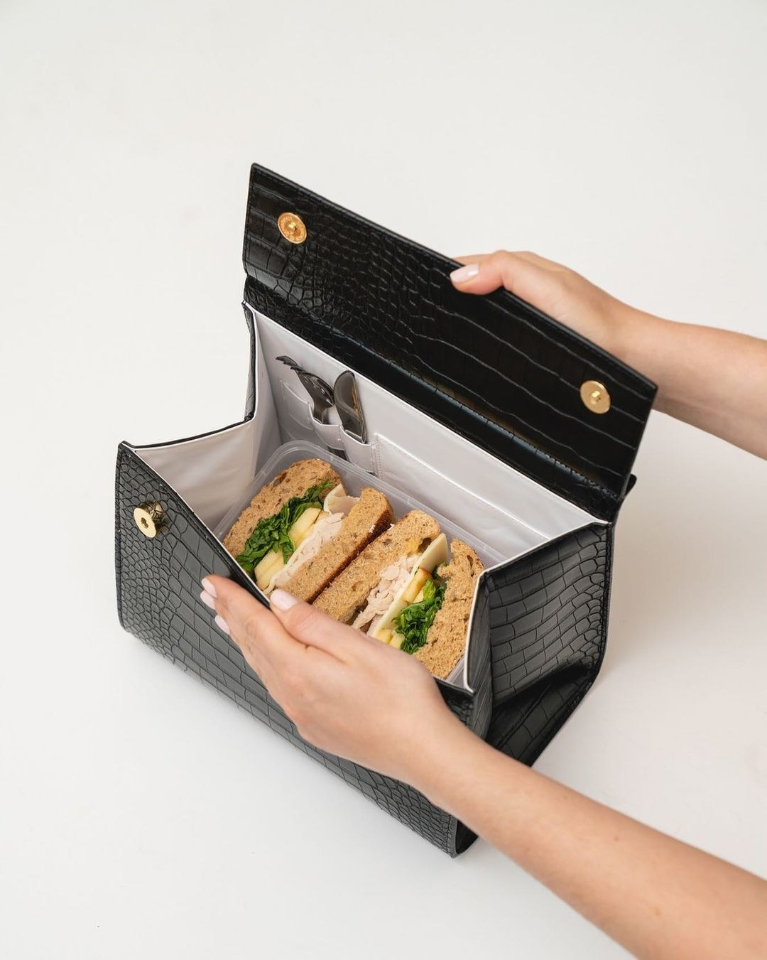 lined faux crocodile lunchbag with sandwich inside