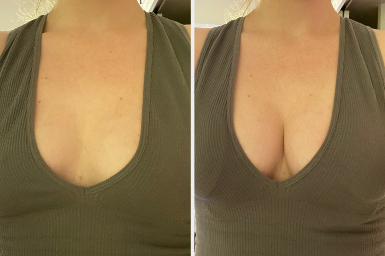 Shelby&#x27;s cleavage before and after trying on the Misses Kisses bra in a low-cut tank top