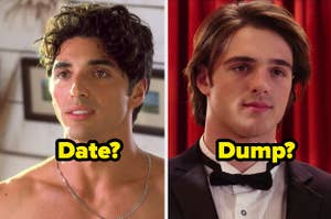 Marco and Noah from The Kissing Booth with question date? under Marco and dump? under Noah