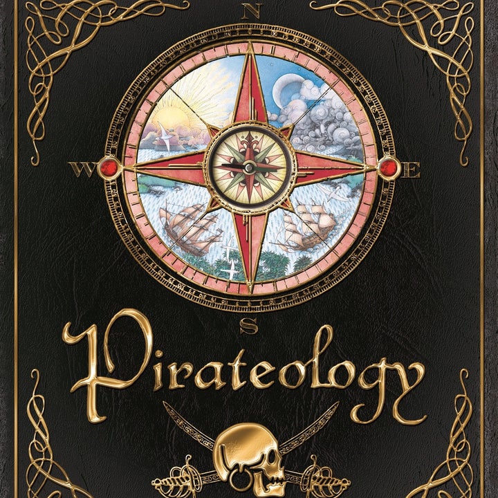 The cover of Pirateology; it has a compass in the middle and a skull that has swords behind it