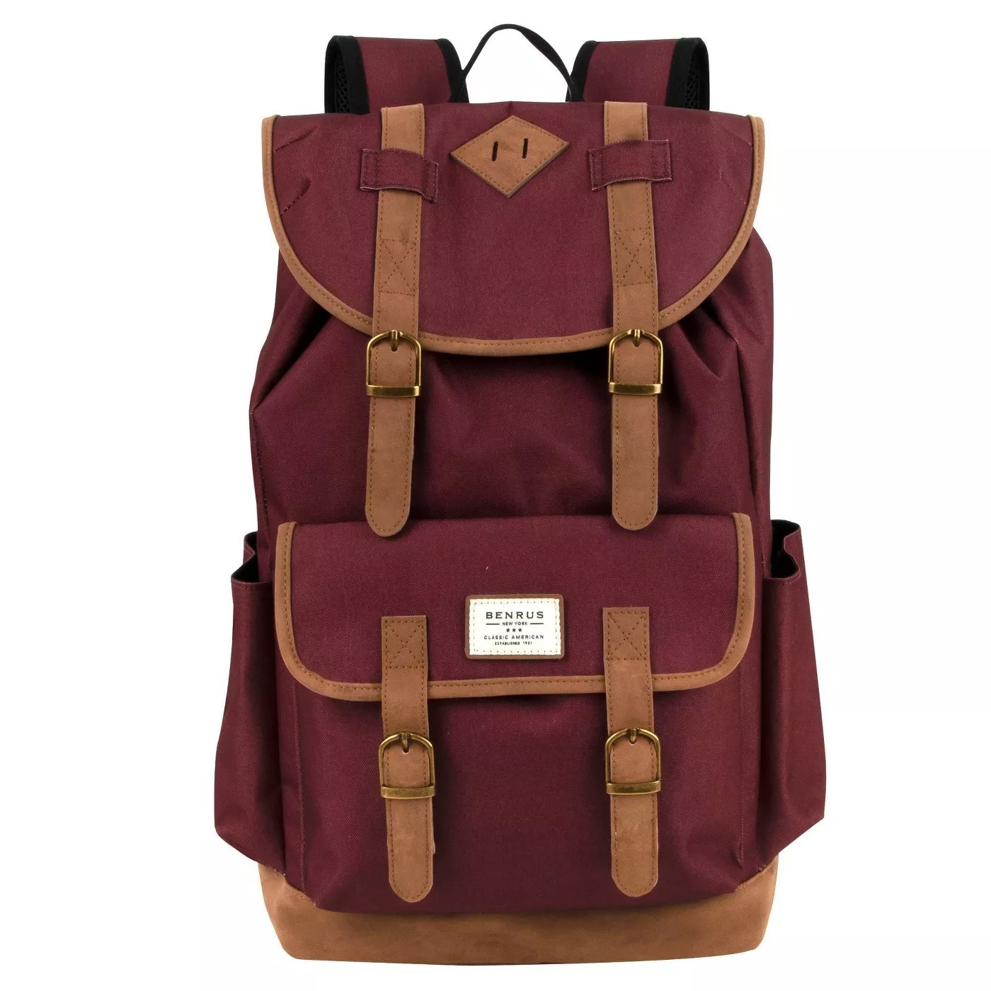 The Benrus rucksack in maroon and brown