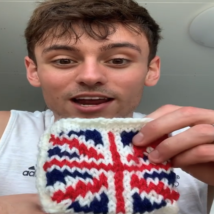 Tom showing his cosy with the Union Jack on one side