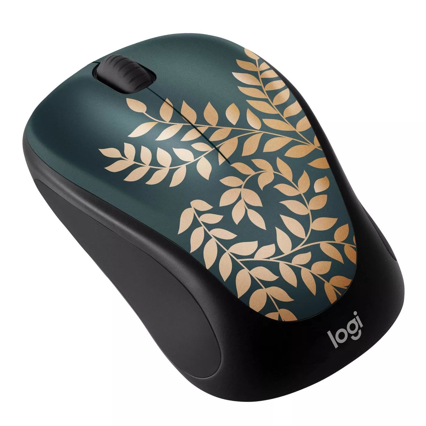 The turquoise and black Logitech mouse with gold leaves