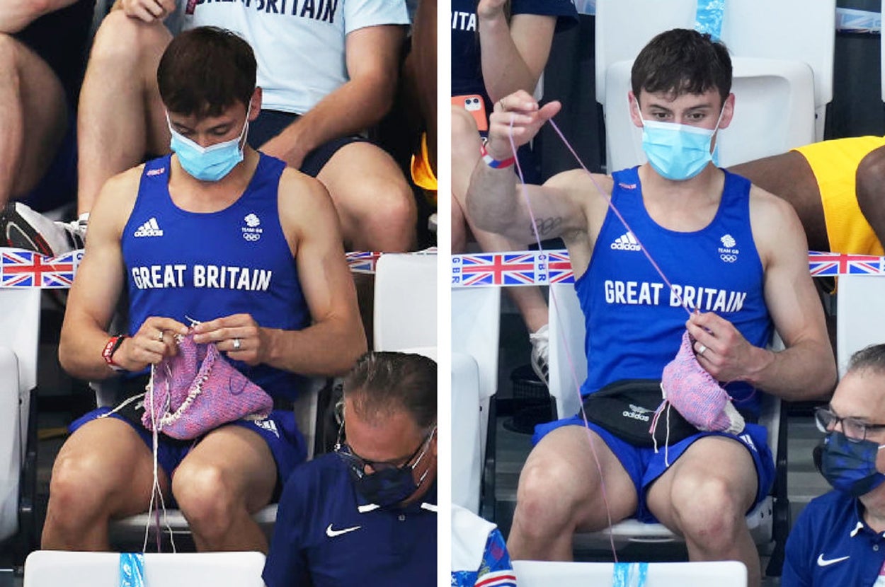 Tom Daley knitting while spectating a diving event at the Tokyo Olympic Games