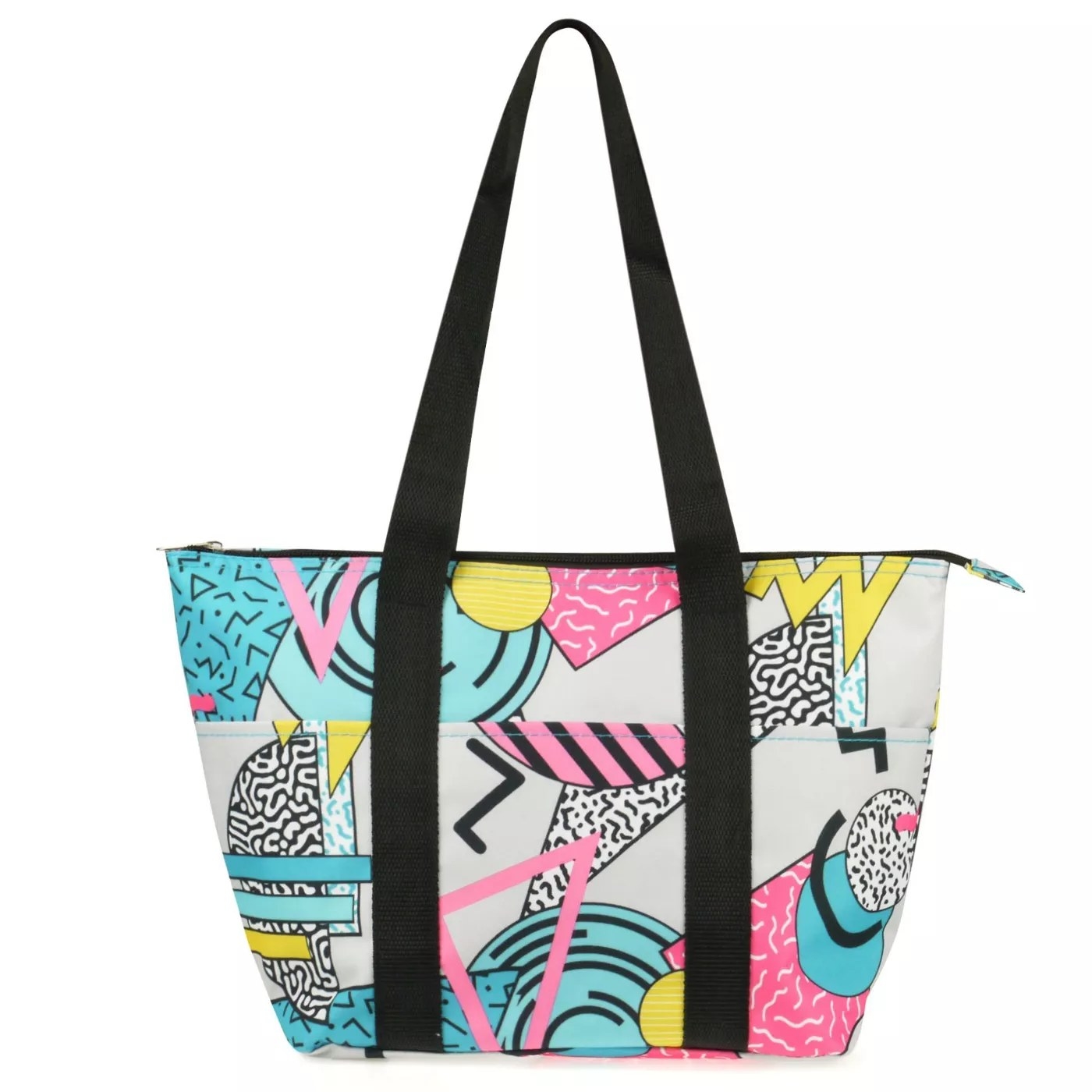 The tote bag in the geometric colorway pattern