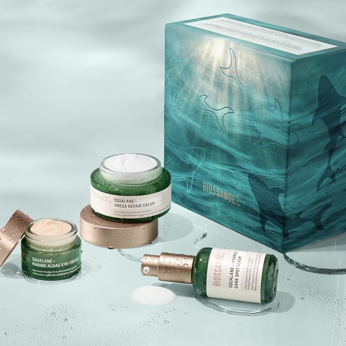 Biossance skincare set styled on table