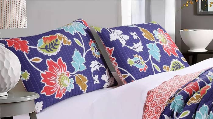 The blue shams with a floral print