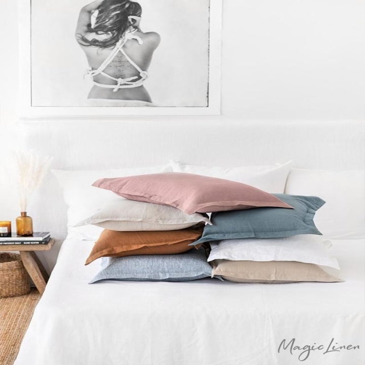 pillows in muted color linen shams