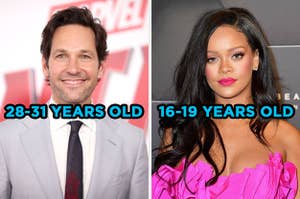 On the left, Paul Rudd labeled "28-31 years old," and on the right, Rihanna labeled "16-19 years old"