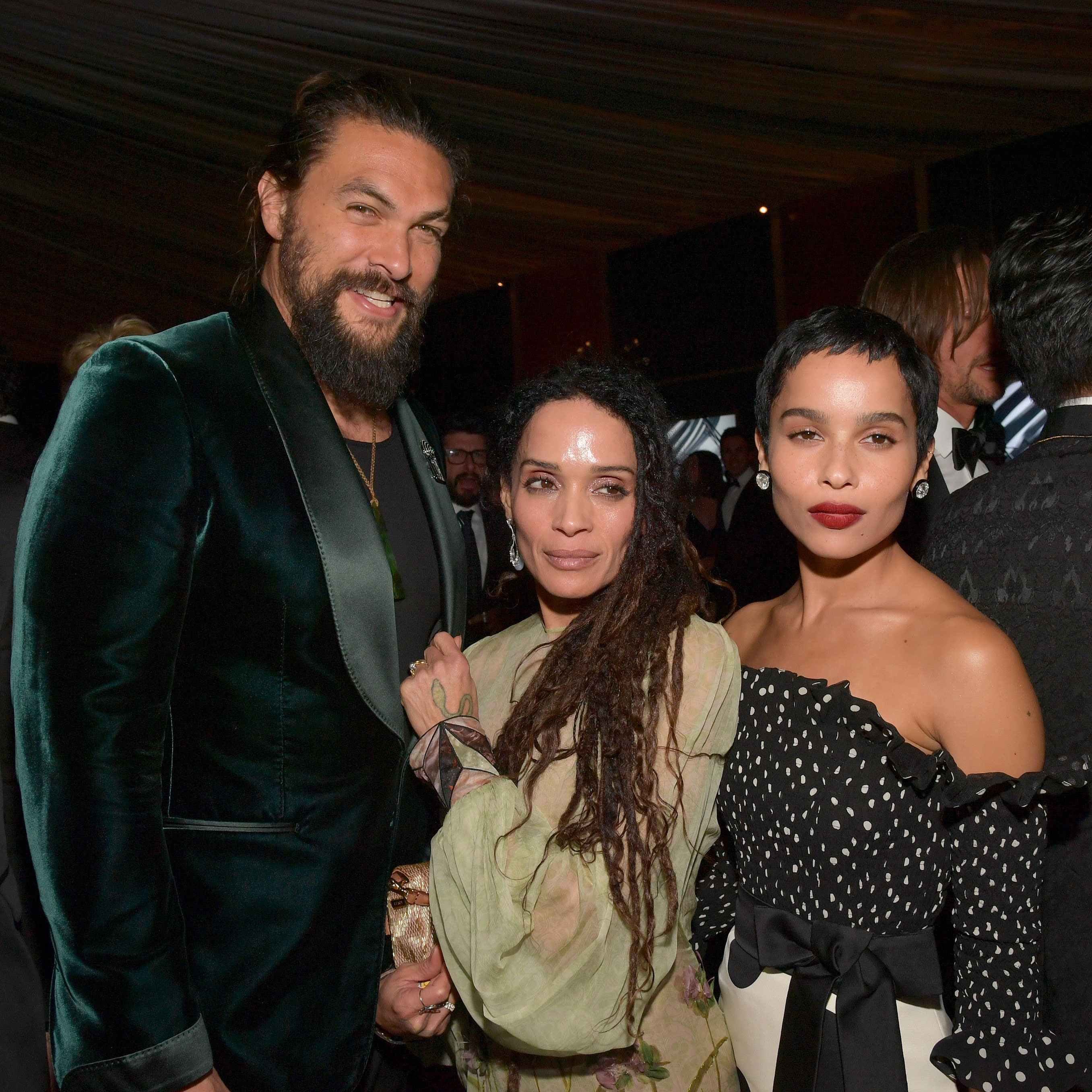 Jason Momoa, Lisa Bonet, and Zoë Kravitz are pictured at a Golden Globe Awards after party in 2020