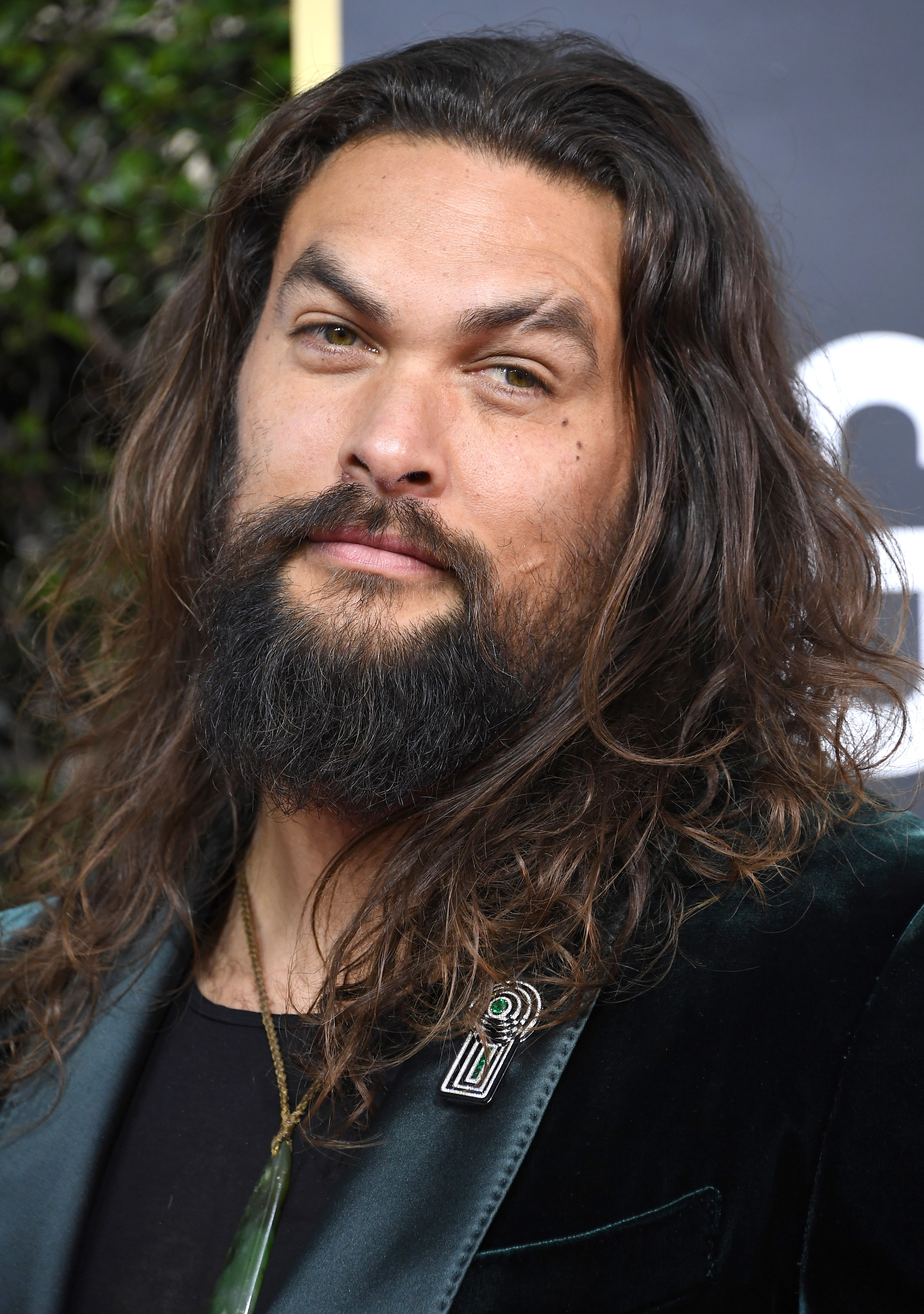 Jason Momoa is pictured on the red carpet at the Golden Globe Awards in 2020