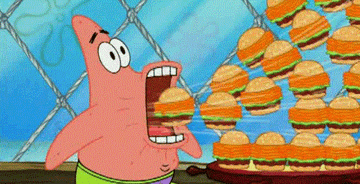 Patrick Star suctioning burgers into his mouth