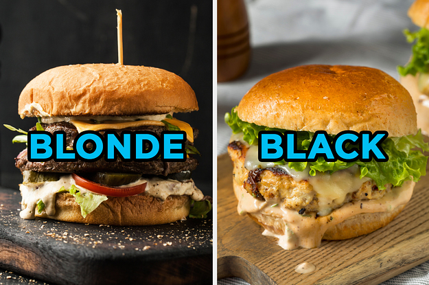 On the left, a double cheeseburger with lettuce, tomato, and a special sauce labeled "blonde," and on the right, a turkey burger with cheese, lettuce, and sauce labeled "black"