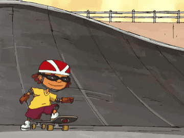 Otto Rocket gets on his skateboard and skates away