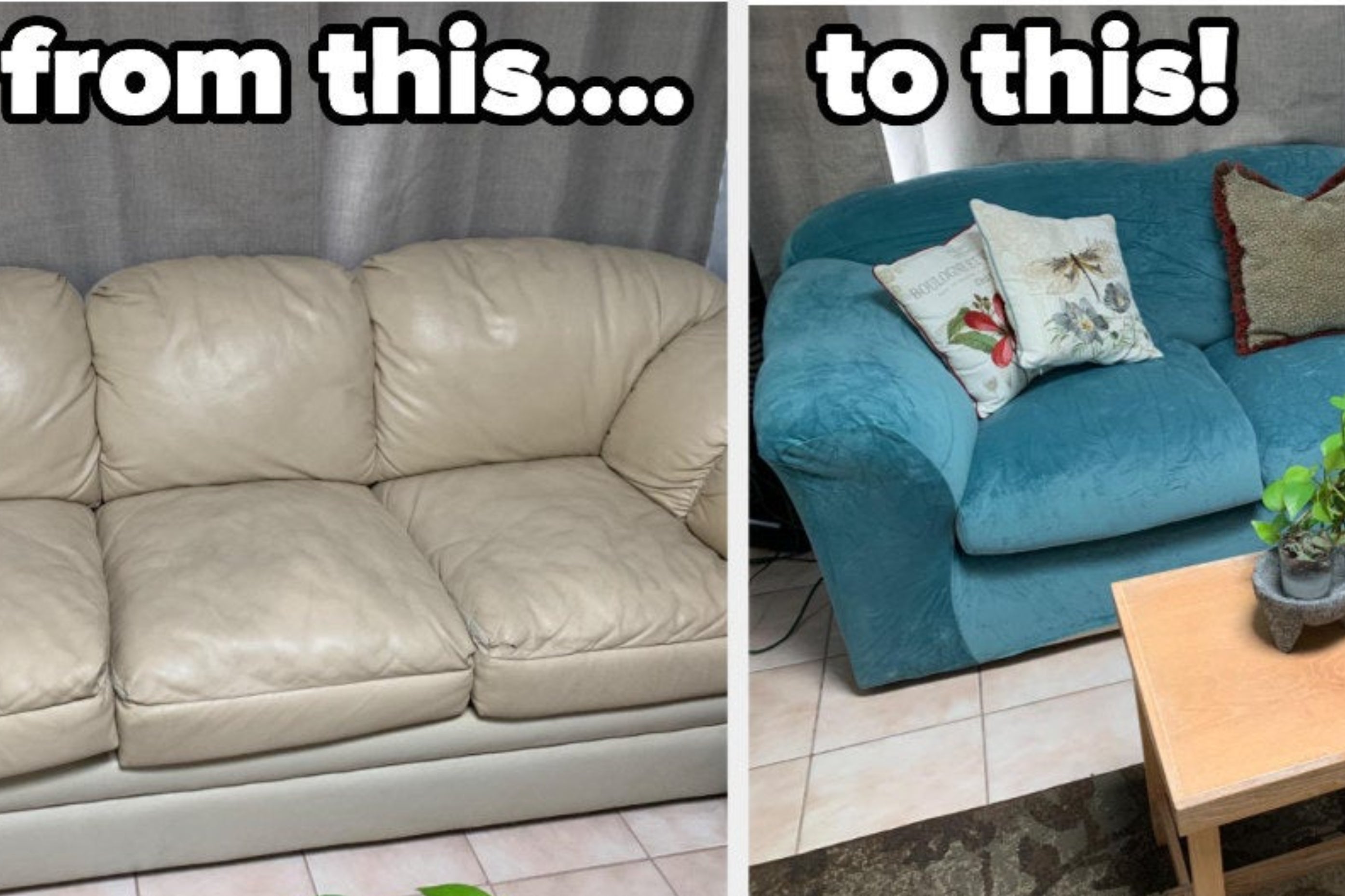 reviewer before and after images of a dingy beige leather couch that is then covered with a teal velvet slip cover
